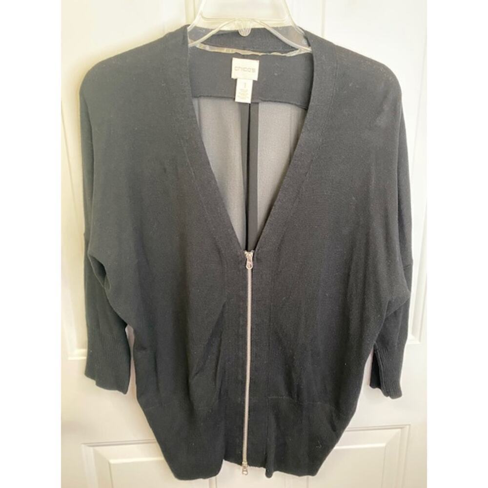 Chico's Black Zip Front Cardigan Sheer Back Elbow Sleeves Sz 1 (US Medium)‎